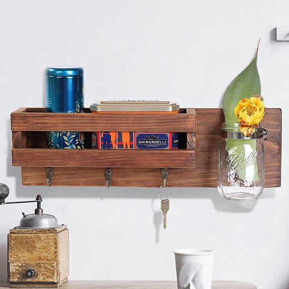 Rustic Dark Brown Wood Mail Organizer & Mason Jar Key Hooks Shelf Letter Holder - Picture 5 of 7